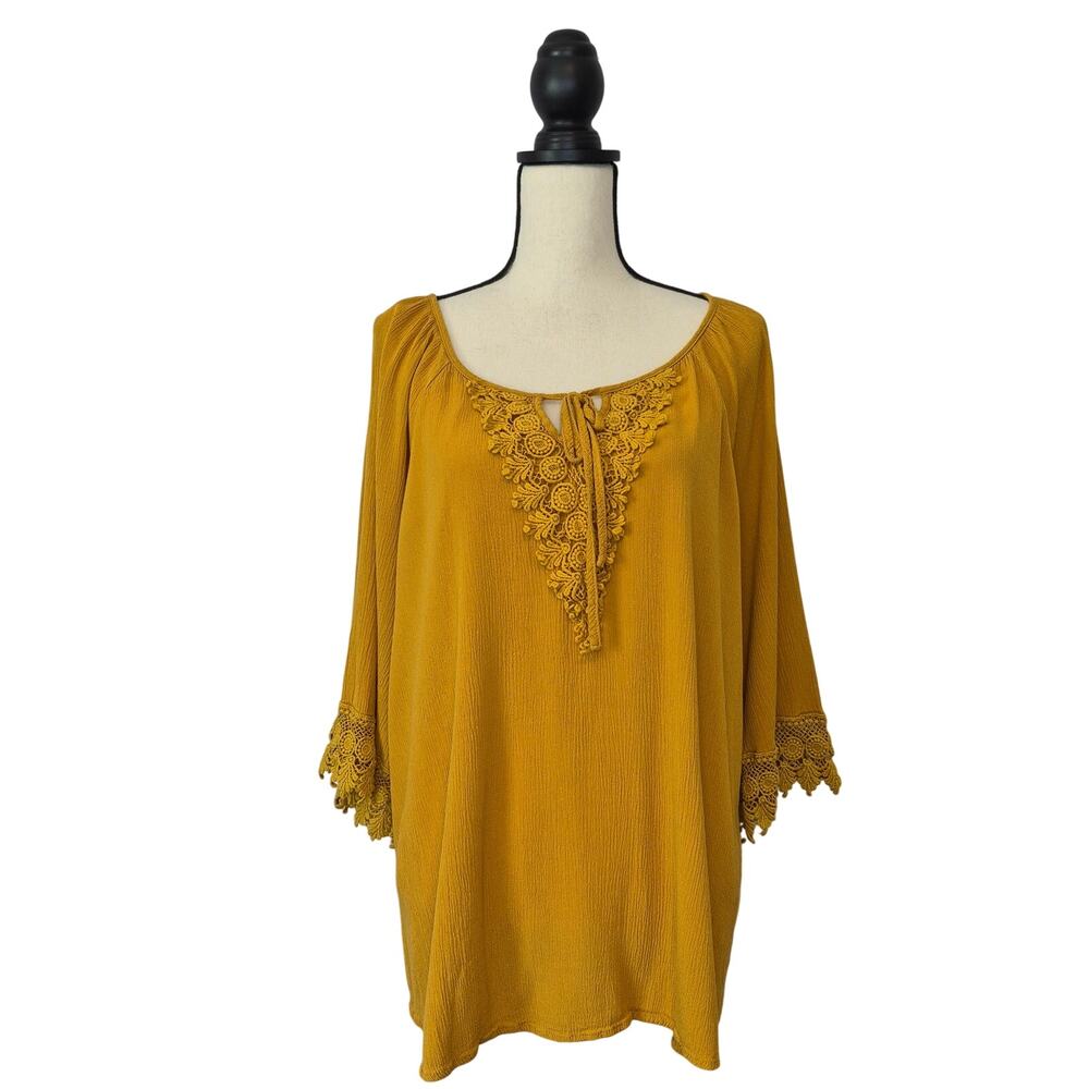 Naif tunic top mustard yellow split v neck 3/4 sleeve lace trim women's size 2X
